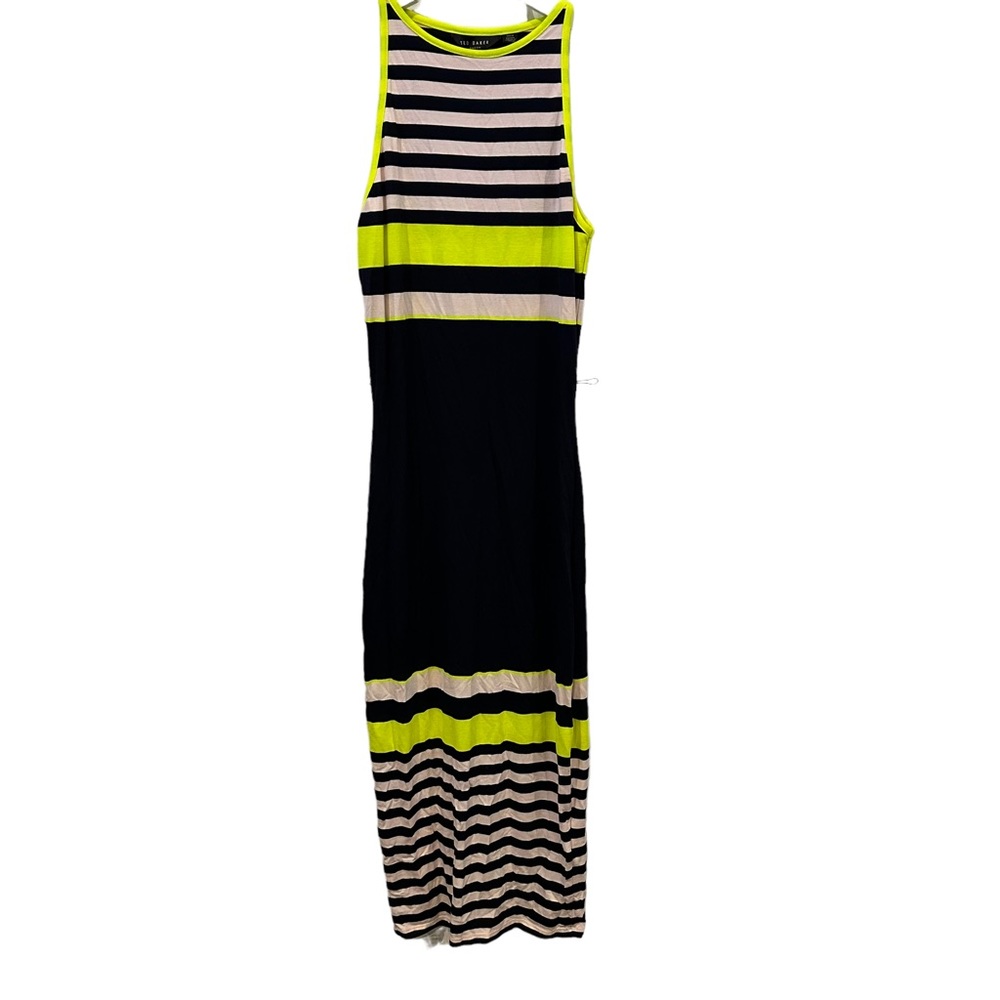 Ted Baker Black and White Striped Midi Tank Dress with Neon Trim
